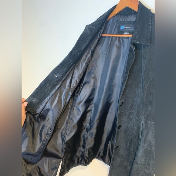 (r)elativity Vintage 90s Genuine Suede Black Leather Mid Length Button Down Coat - Picture 6 of 10